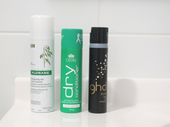 Khlorane dry shampoo, Cedel dry conditioner, ghd hair spray