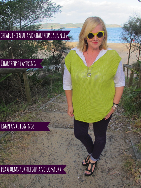 Chartreuse layering and NYDJ jeggings