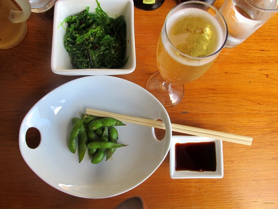 Sakana, Mooloolaba, Queensland | edamame, wakame, Cloudy Bay Pelorus Brut