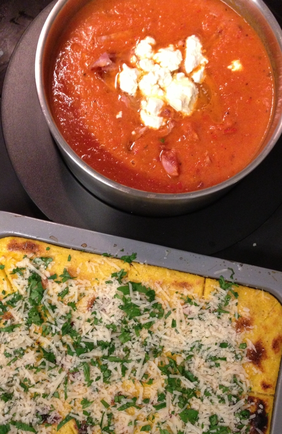 Roasted tomato and red onion soup with grilled polenta