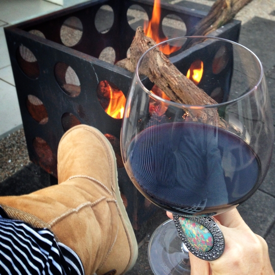 Fire pit, red wine, soft pants and emu australia boots