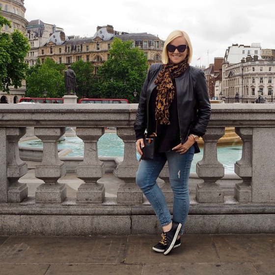 Blue Illusion leather jacket | Surafina scarf | NYDJ jeans | Frankie4 Footwear sneakers | Estil Australia messenger bag