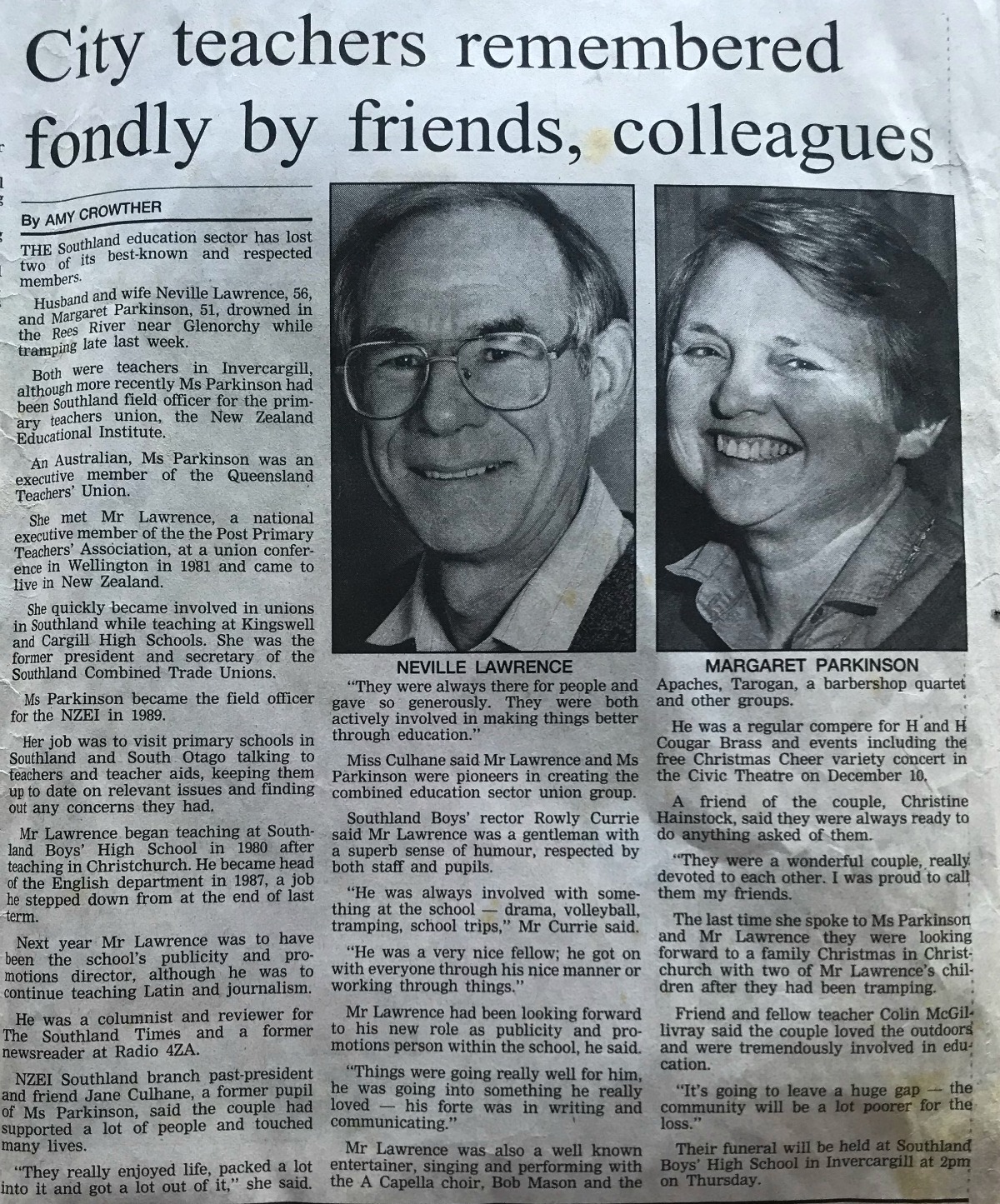 Margaret Parkinson and Neville Lawrence | drowned near Glenorchy December 1995 | The Southland Times