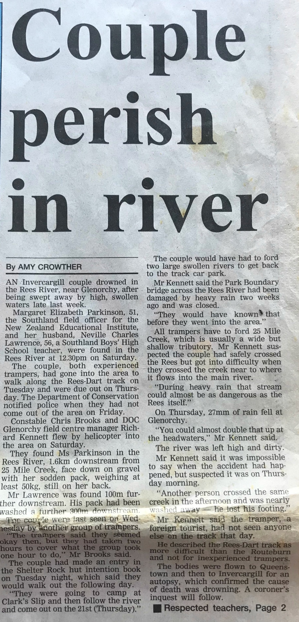 Margaret Parkinson and Neville Lawrence | drowned near Glenorchy December 1995 | The Southland Times